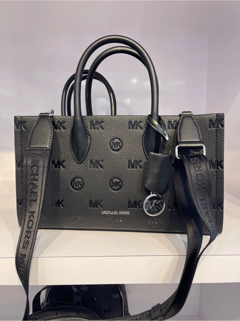 Michael Kors Mirella Md Logo Debossed EW Top Zip Satchel Shoulder Tote Black NWT